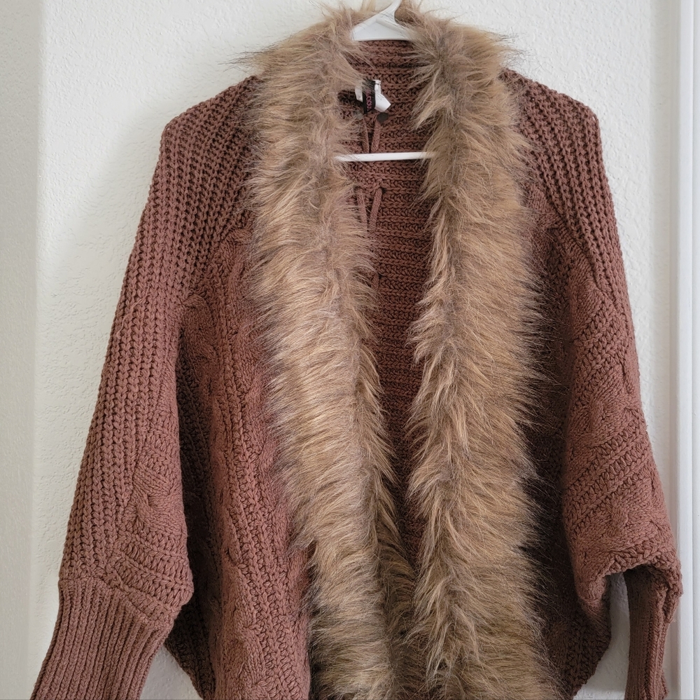 New Brown Knitted Sweater/Cardigan with Faux Fur